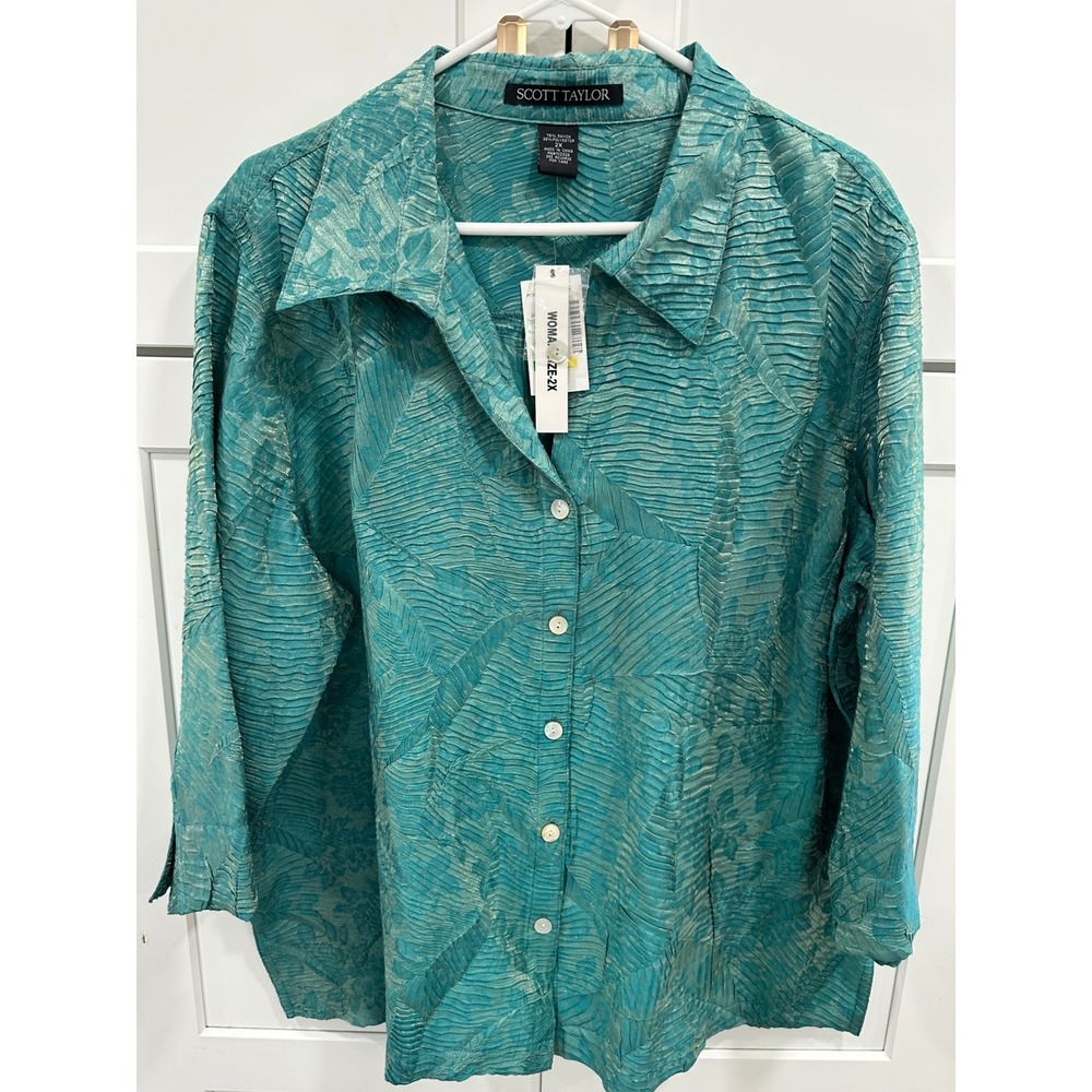 Scott Taylor Womens 2X Teal Floral Pleated Textured Button Front Blouse Metallic